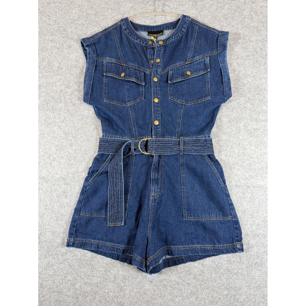 Free Market Denim Romper Womens Small Blue NWT Belted Utility Button Front